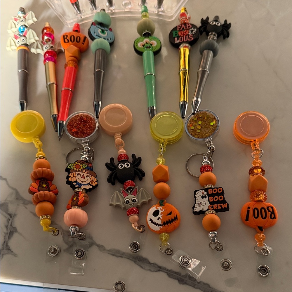 Halloween Themed Retractable Badge Reel Lanyard with Orange and Green Beads